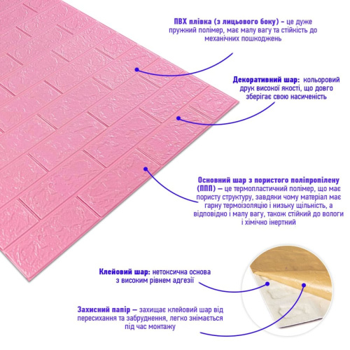 Самоклеюча 3D панель під рожеву цеглу 3080x700x3мм SW-00001757  фото 3