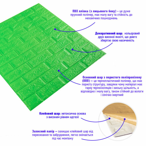 3D панель самоклеюча цегла Зелений 700х770х5мм (013-5) SW-00000149  фото 2