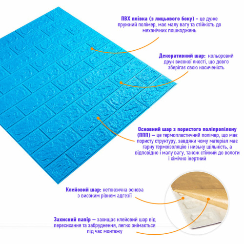 3D панель самоклеюча цегла Синій 700х770х5мм (003-5) SW-00000154  фото 2