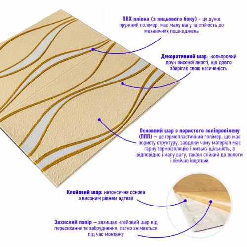 Самоклеюча 3D панель золоті хвилі 700x700x5мм (194) SW-00000766  фото 2