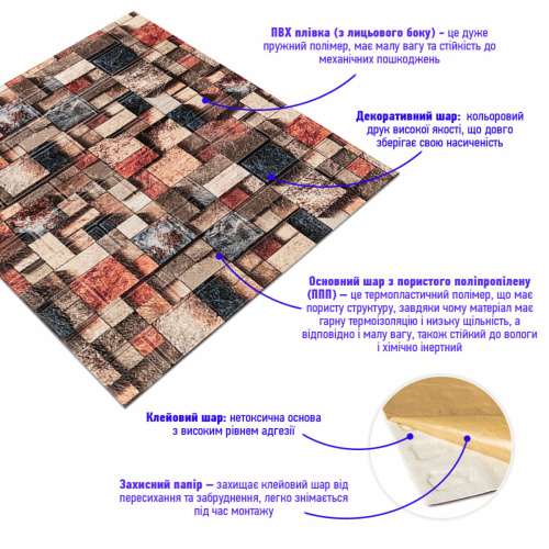 Декоративна 3D панель самоклейка під цеглу Кольорова мозаїка 700х770х4мм (350) SW-00000532  фото 2