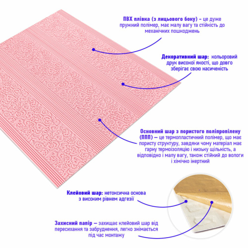 Самоклеюча 3D панель ніжно-рожева 700х700х5мм (140) SW-00001330  фото 2