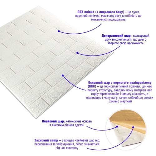 3D панель самоклеюча цегла Біла 700х770х3мм (001-3) SW-00000174 фото 3
