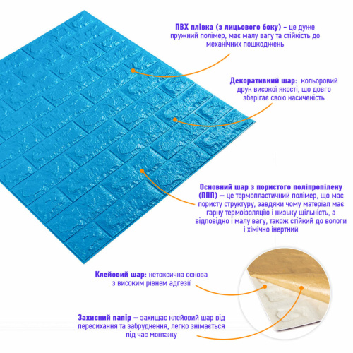 3D панель самоклеюча цегла Синій 700х770х7мм (003-7) SW-00000060  фото 2