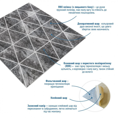 Панель стінова 3D 700х700х4мм ромби сірі вінтаж (D) SW-00002008  фото 5