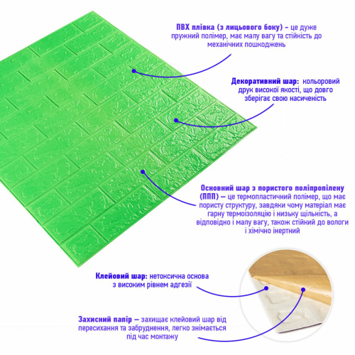 3D панель самоклеюча цегла Зелена 700х770х3мм (013-3) SW-00000639  фото 2