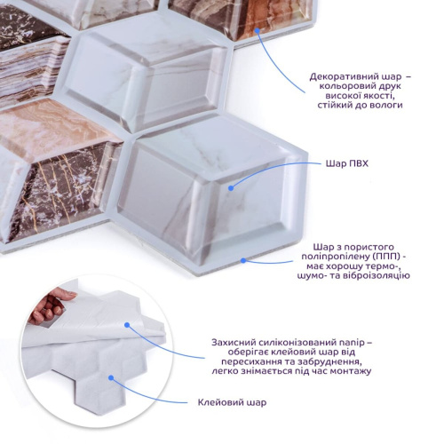 Декоративна ПВХ плитка на самоклейці 3D кубы 280х300х5мм, ціна за 1 шт. (СПП-506) SW-00001135  фото 2