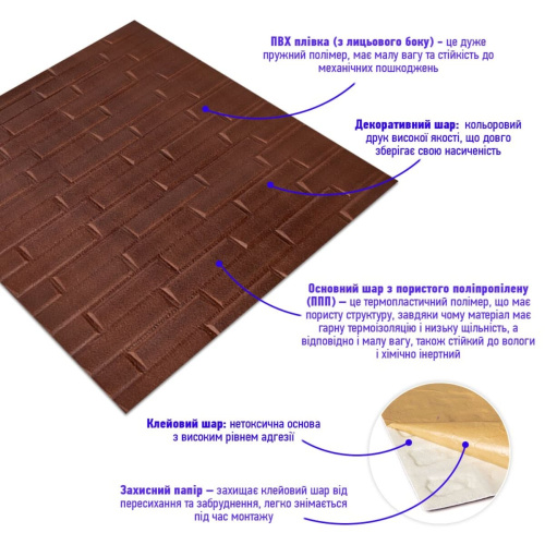 3D панель самоклеюча кладка коричнева 700х770х5мм (033) SW-00000239  фото 2